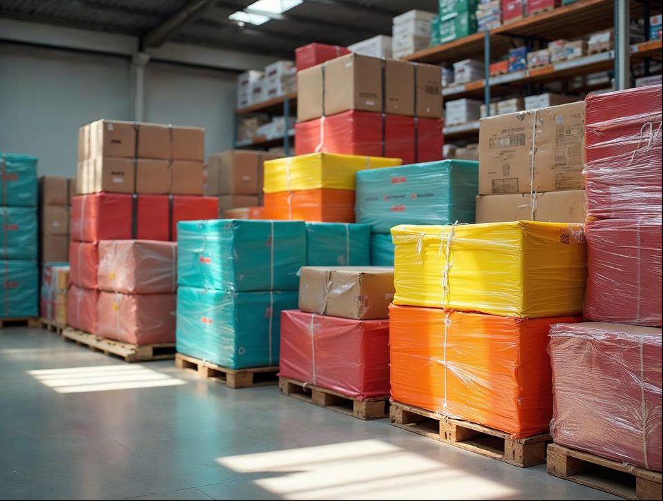 Colorful boxes, folding tables and event supplies stacked neatly on pallets in a bright storage area