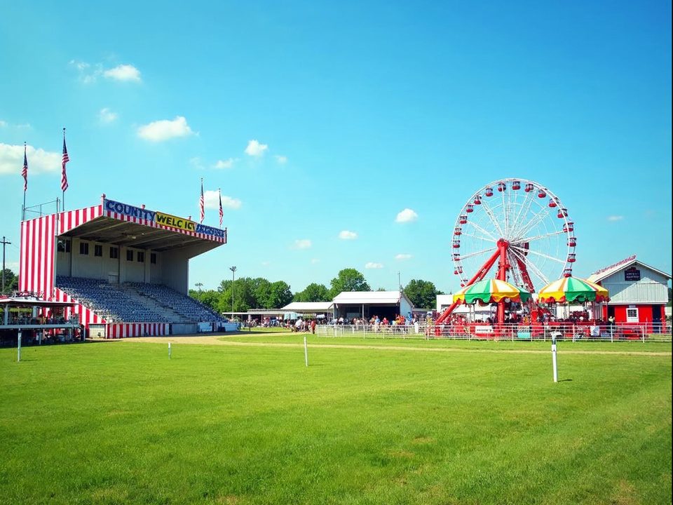 Rodeo grounds and fairground grandstand with colorful banners and green grass on a sunny summer day in Wahoo, Nebraska