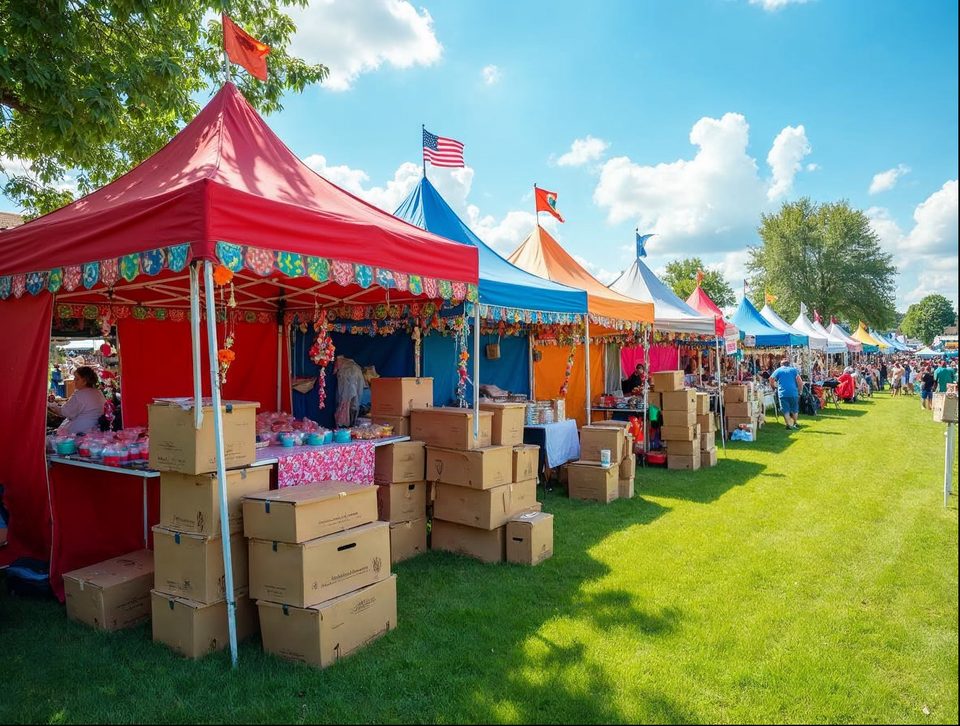 Colorful vendor tents and stacked merchandise boxes beside a bright county fairgrounds on a summer afternoon