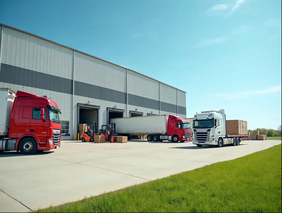 Several freight trucks backing into the loading bays of a big distribution center under a bright sunny sky