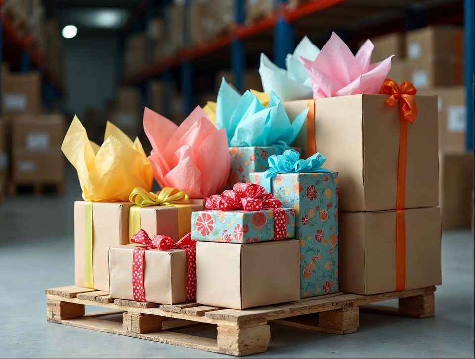 Boxed gift items and colorful wrapped products stacked on a pallet inside a bright storage building