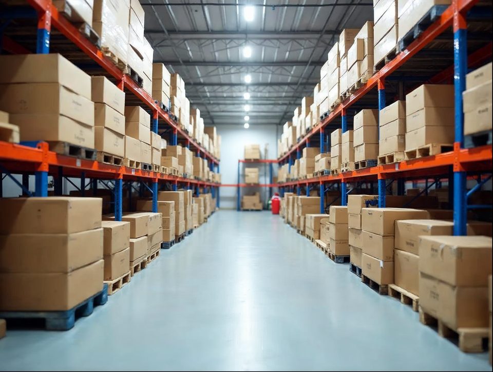 Cool pantry-style storage room where cartons of natural food sit on tall blue racking beneath bright lights