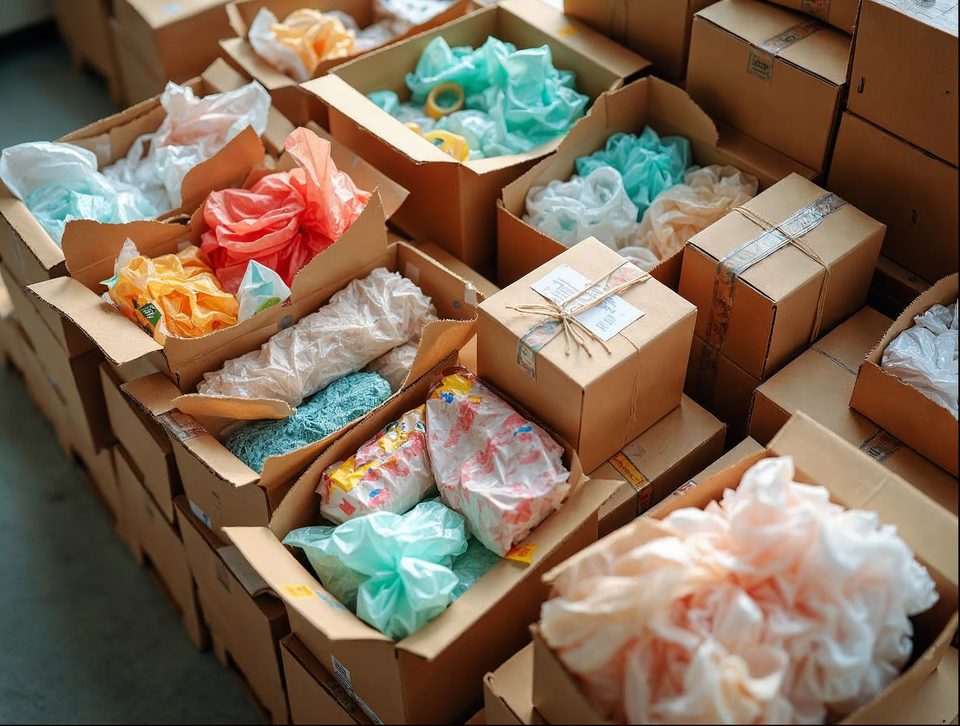 Packing station with brown boxes, tape, tissue paper and handmade goods ready for parcel shipment