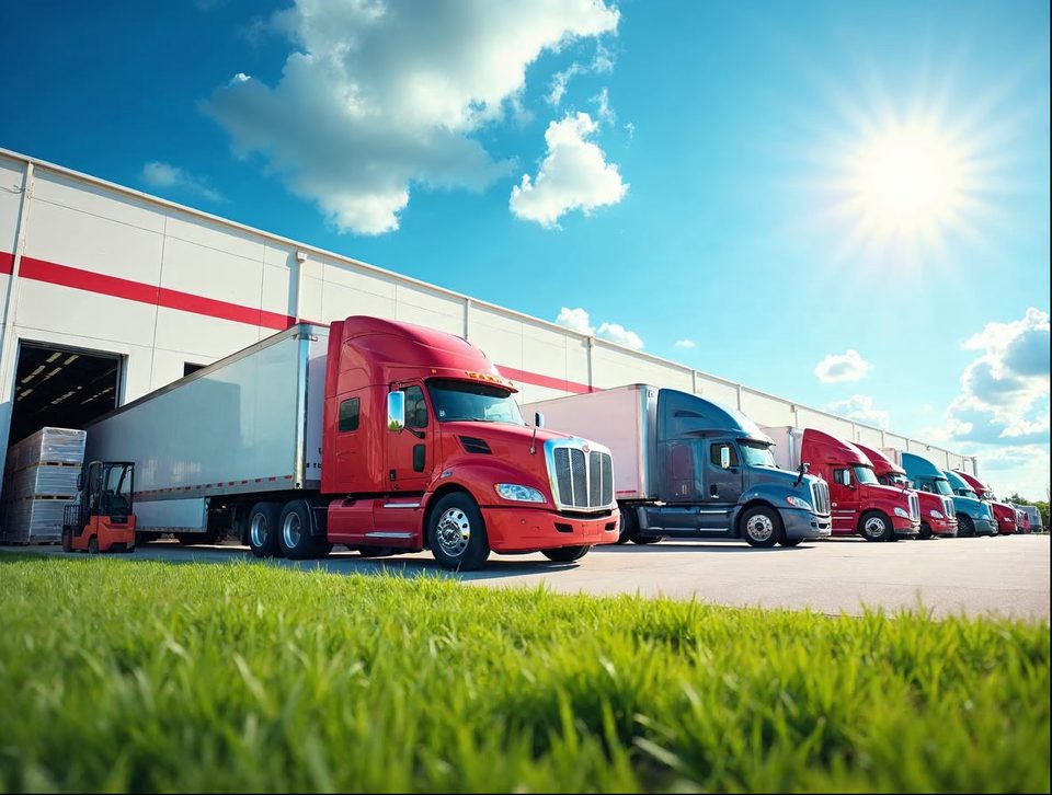 Loaded semi trailers waiting beside the dock doors of a big freight building in strong afternoon sunshine