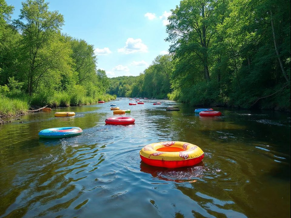 People floating on colorful inner tubes down the calm Elkhorn River on a sunny summer day in Nebraska