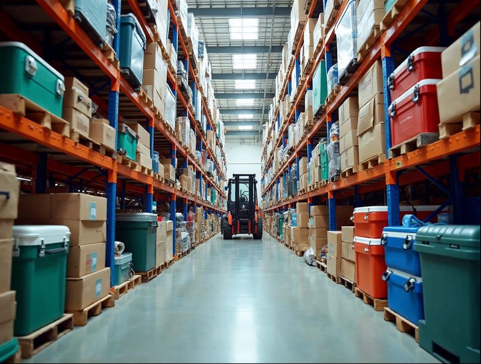 Stacks of colorful boxed outdoor gear and supplies on tall racks inside a bright, clean storage building