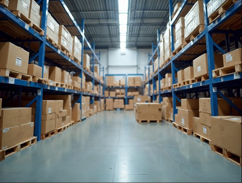 Pallets of boxed hardware, tools and equipment parts stacked on blue racks in a clean bright warehouse