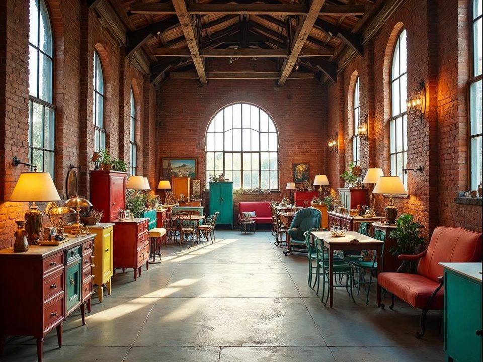 Rows of vintage furniture and antiques displayed in a large brick warehouse hall in the West Bottoms of Kansas City