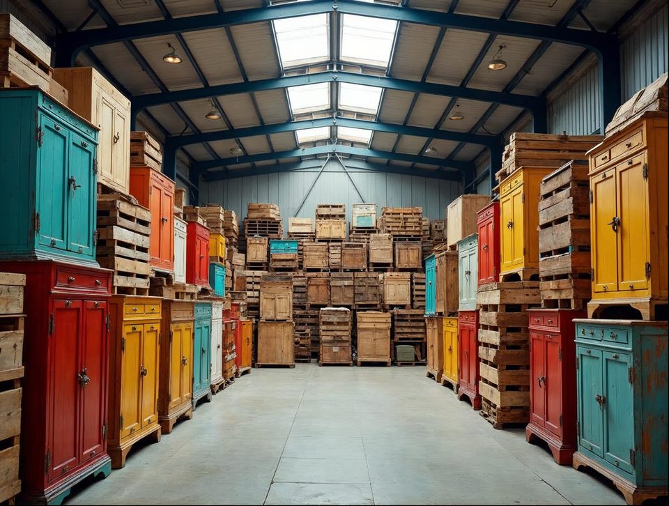 Stacked vintage furniture and wooden crates on pallets inside a bright storage building