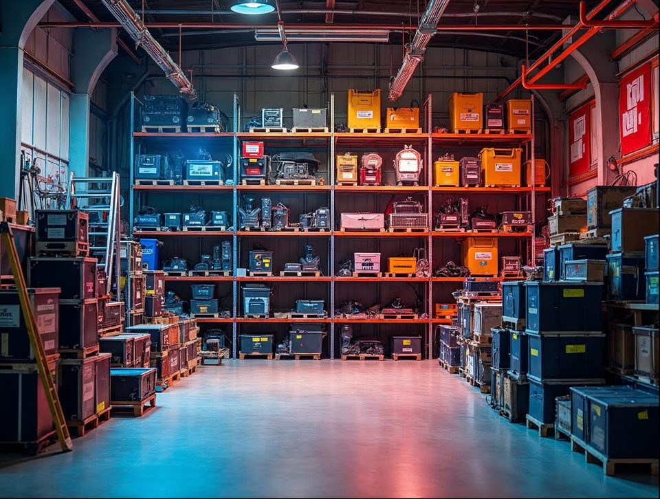 Colorful set pieces, lighting rigs and prop crates organized on shelves inside a spacious building