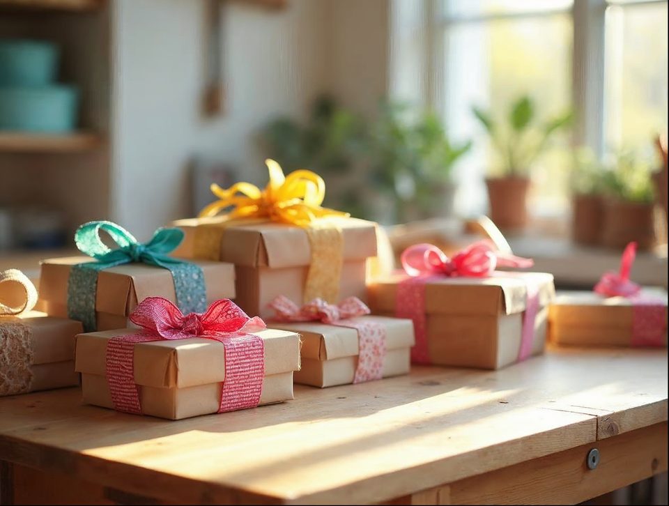 Handmade goods, boxed gift sets and packing materials arranged on a bright workbench