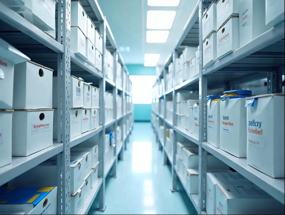 Boxes of clean office and clinic supplies on tidy shelves inside a bright, organized storage building