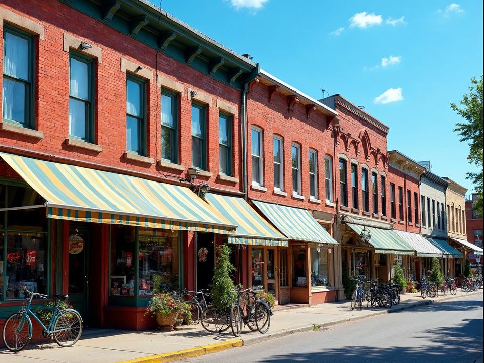 Colorful row of old brick storefronts with window displays and sidewalk planters in a historic entertainment district of Kansas City