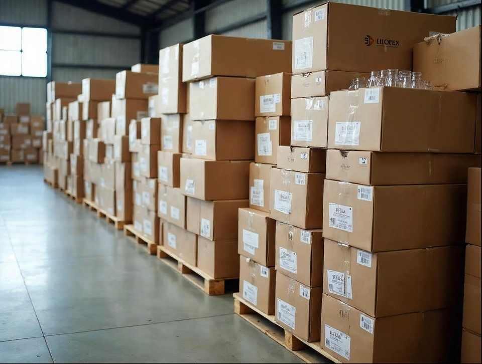 Neatly stacked cases of glassware and boxed restaurant supplies on pallets in a bright storage building