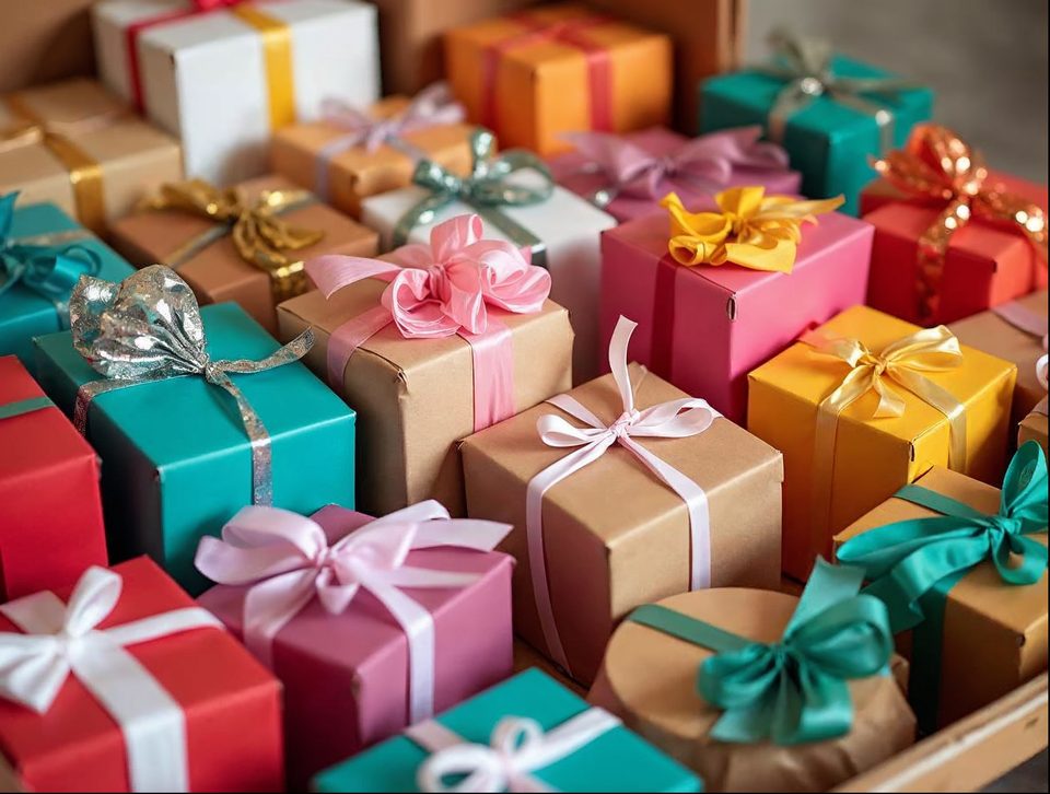 Packing station with colorful boxed products, tissue paper and shipping tape ready for parcel shipment