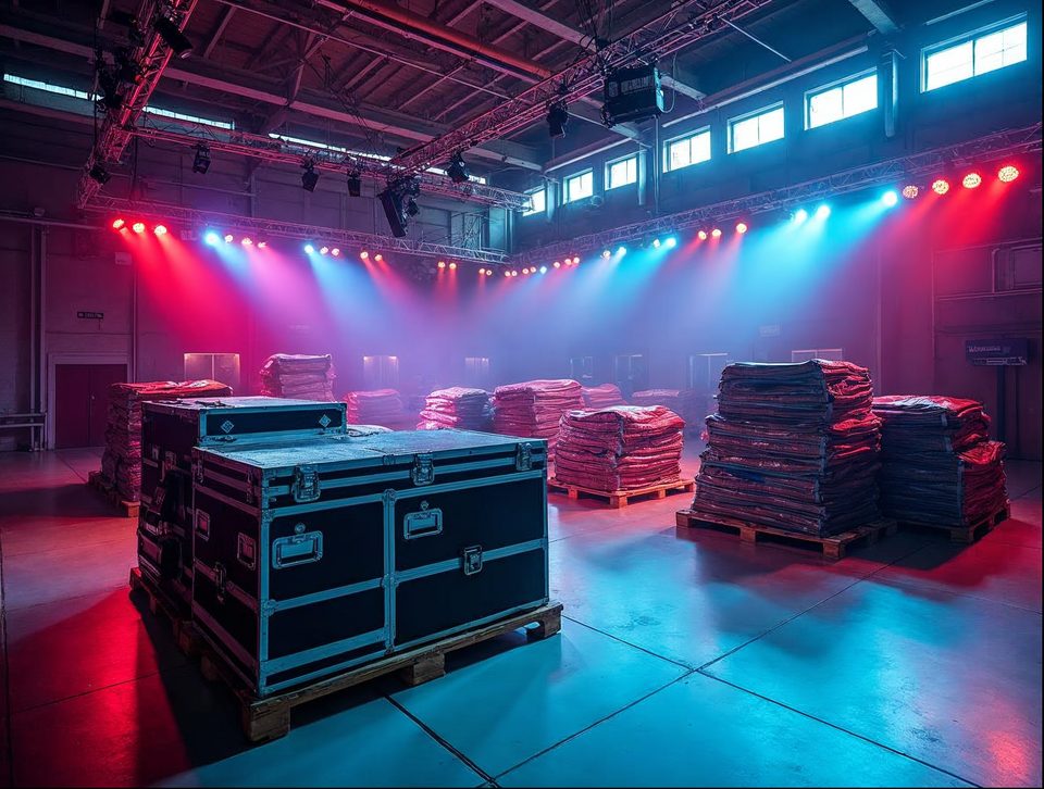Stage lighting rigs, speaker cases and folded banners organized on pallets inside a spacious bright building