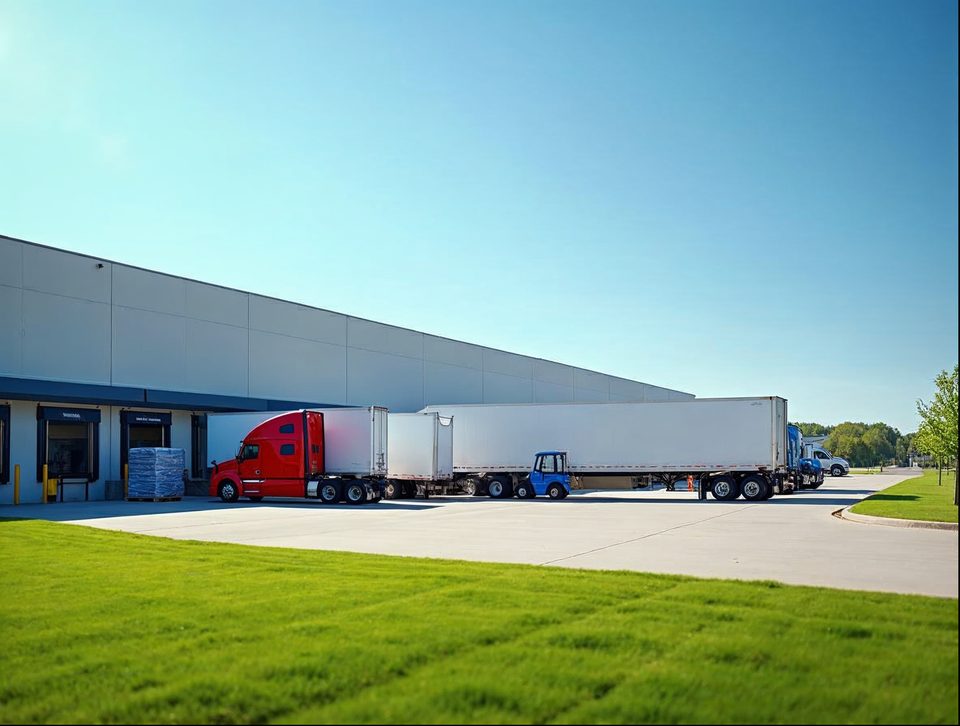 Several semi trailers parked nose-in beside open bay doors at a big freight warehouse under a clear sky