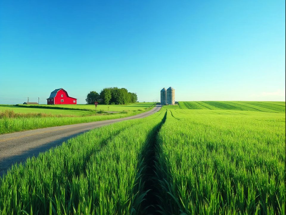 Green Nebraska farm fields and a gravel county road under a bright blue sky with white clouds near a small town