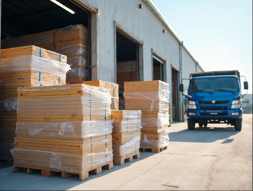 Stacked building supplies on pallets and kitted tool sets near a loading dock in bright daylight