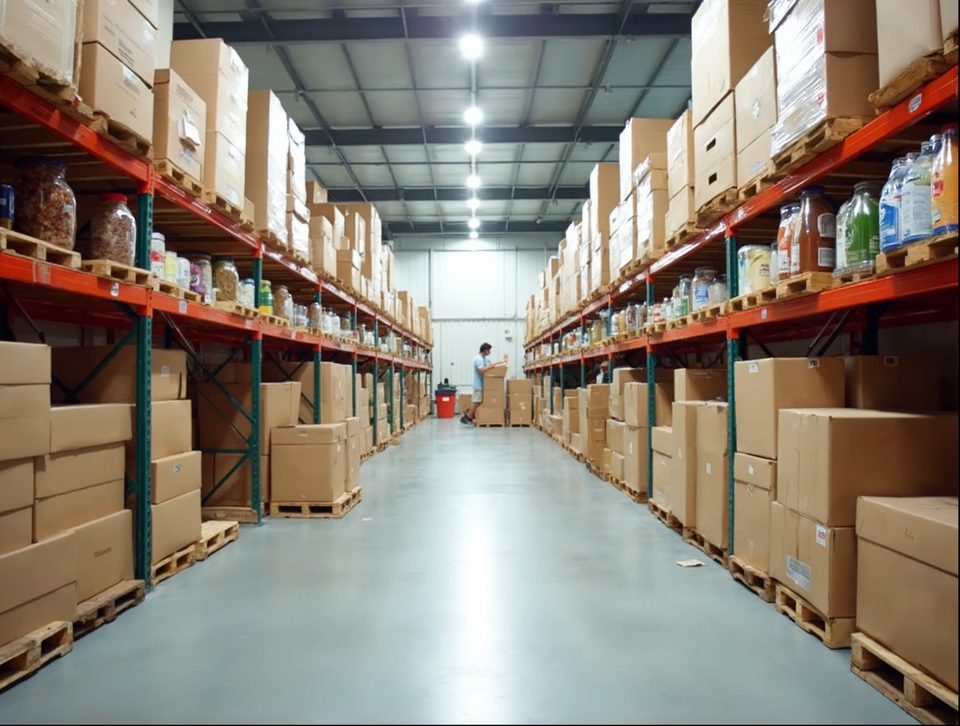 Clean refrigerated storage room with pallets of boxed grocery products and jars on tall racks
