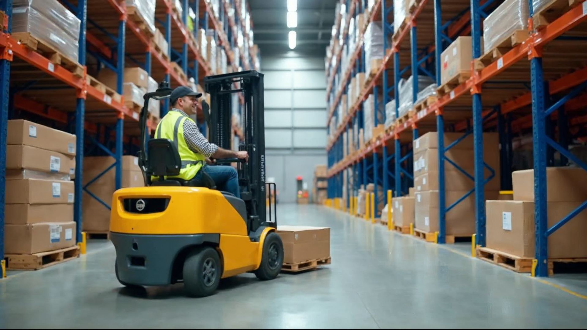 Smiling forklift driver moving a pallet down a colorful warehouse aisle