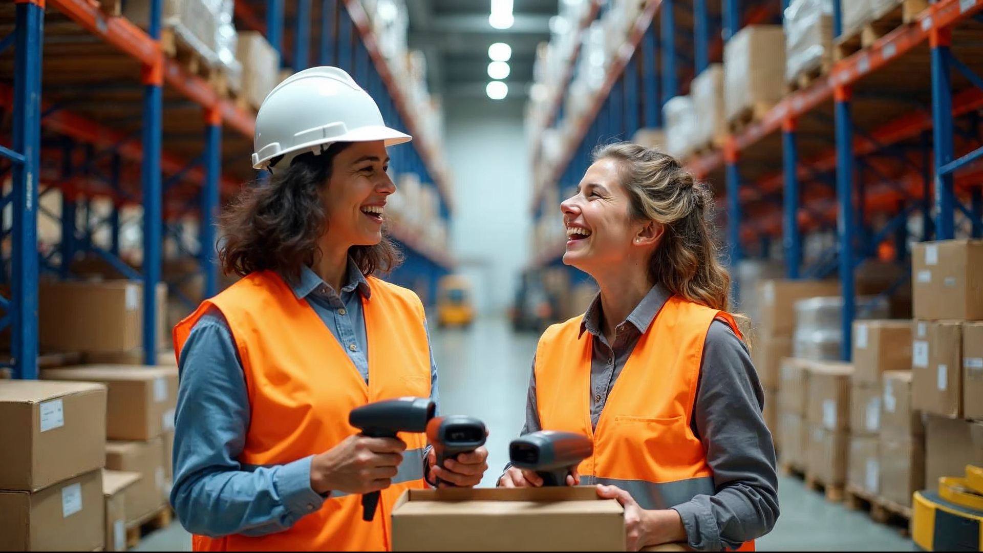 Two warehouse employees laughing while scanning boxes with barcode scanners