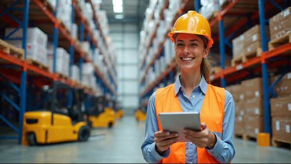 Warehouse worker checking inventory on a tablet beside tall pallet racks
