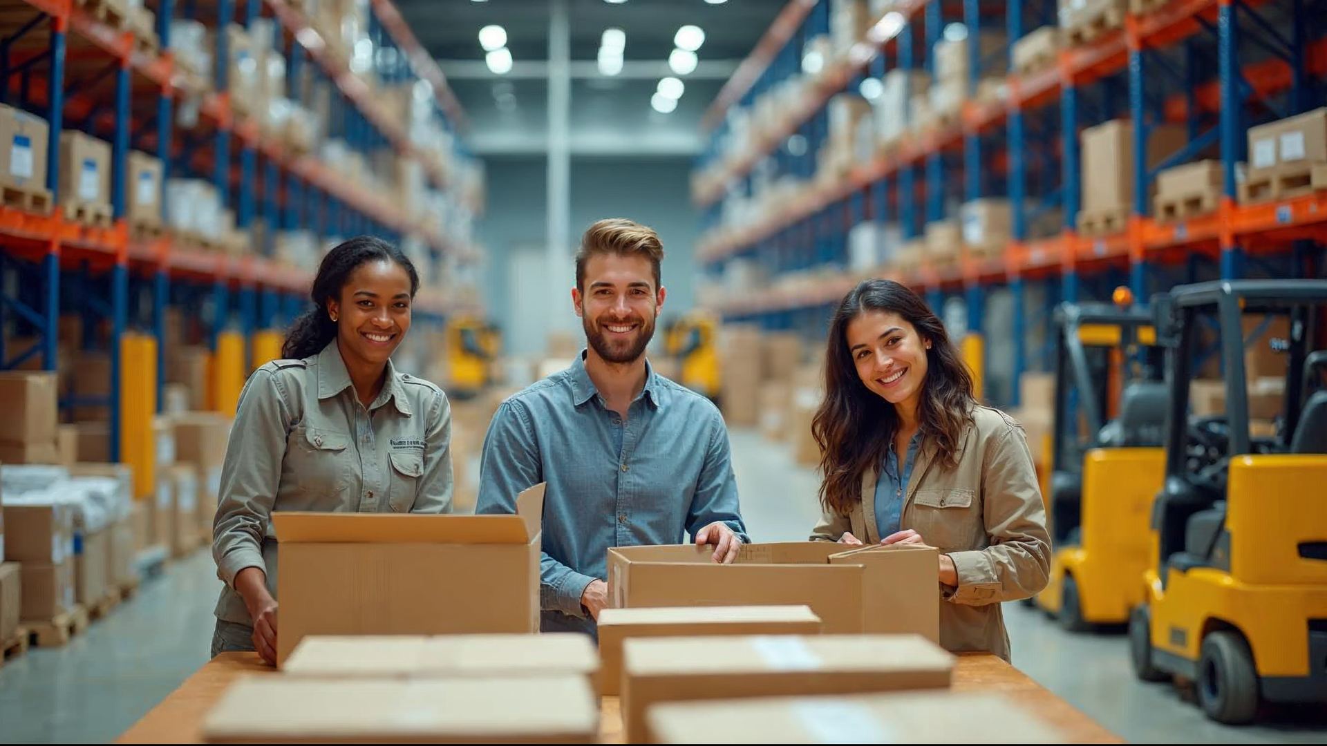 Three smiling warehouse workers packing orders at a packing table