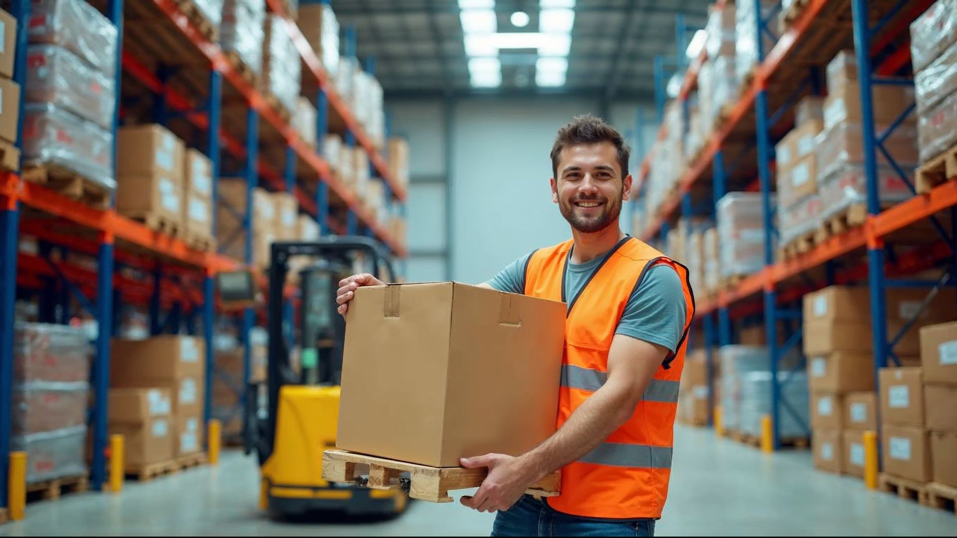 Warehouse worker stacking colorful boxes onto a pallet