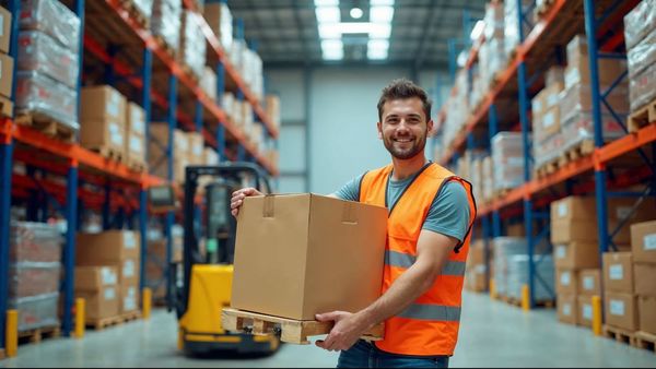 Warehouse worker stacking colorful boxes onto a pallet
