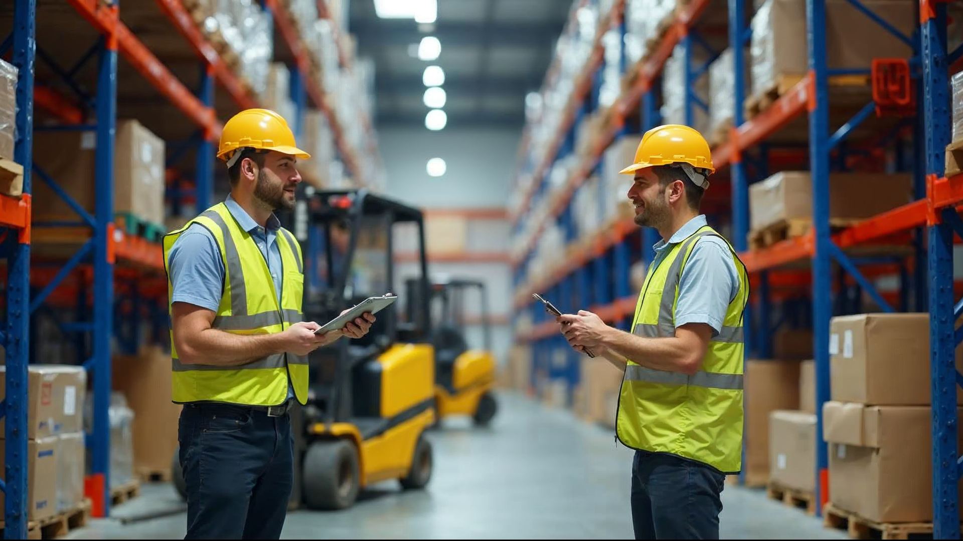 Supervisor with a clipboard talking with a forklift operator