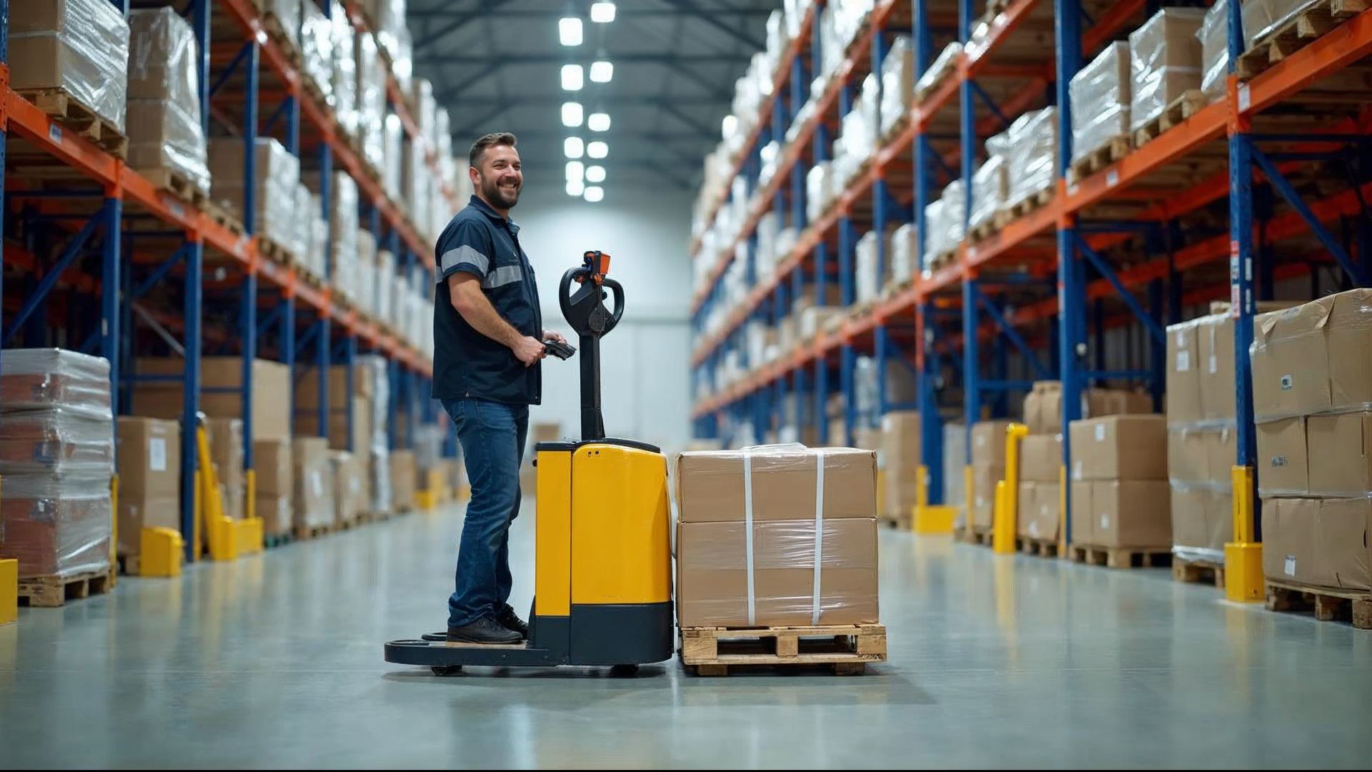 Worker pulling a pallet jack with shrink-wrapped boxes across the warehouse floor