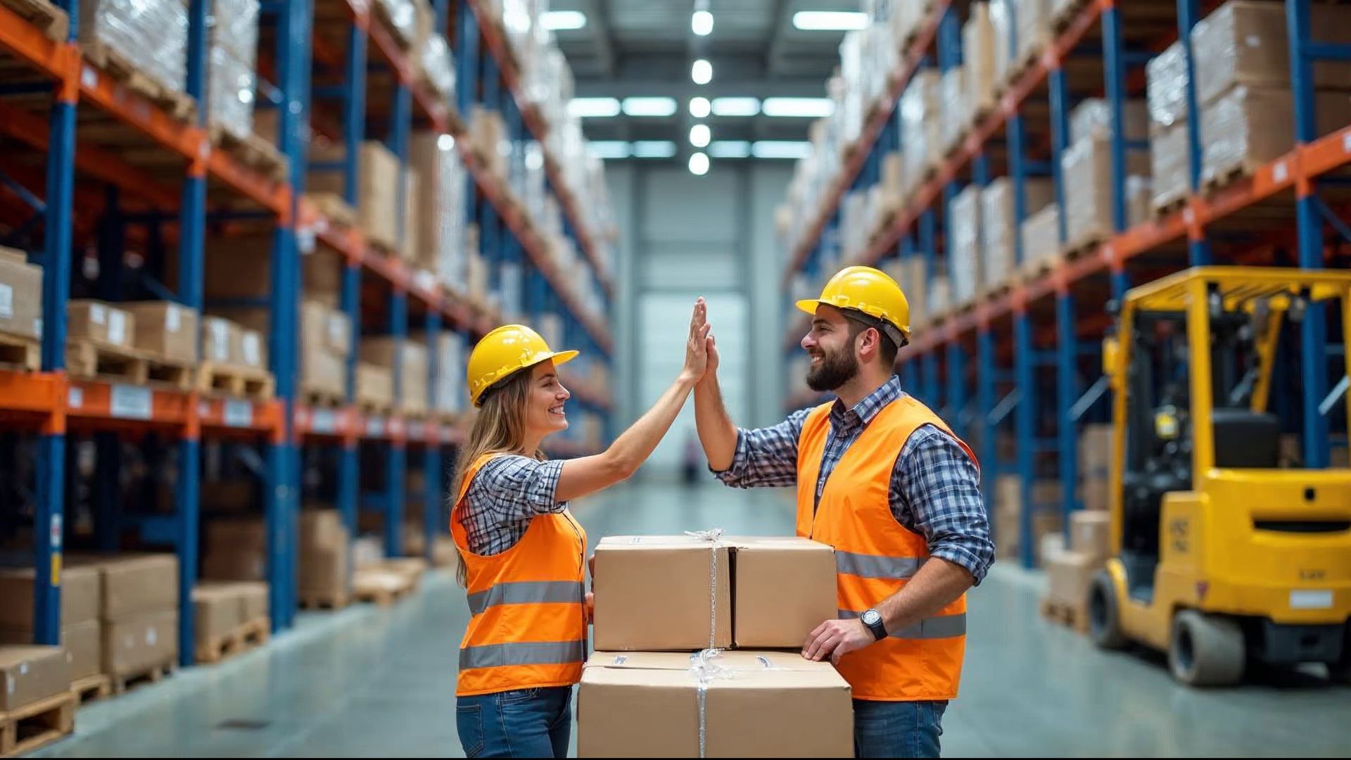 Two coworkers giving a high five next to a wrapped pallet