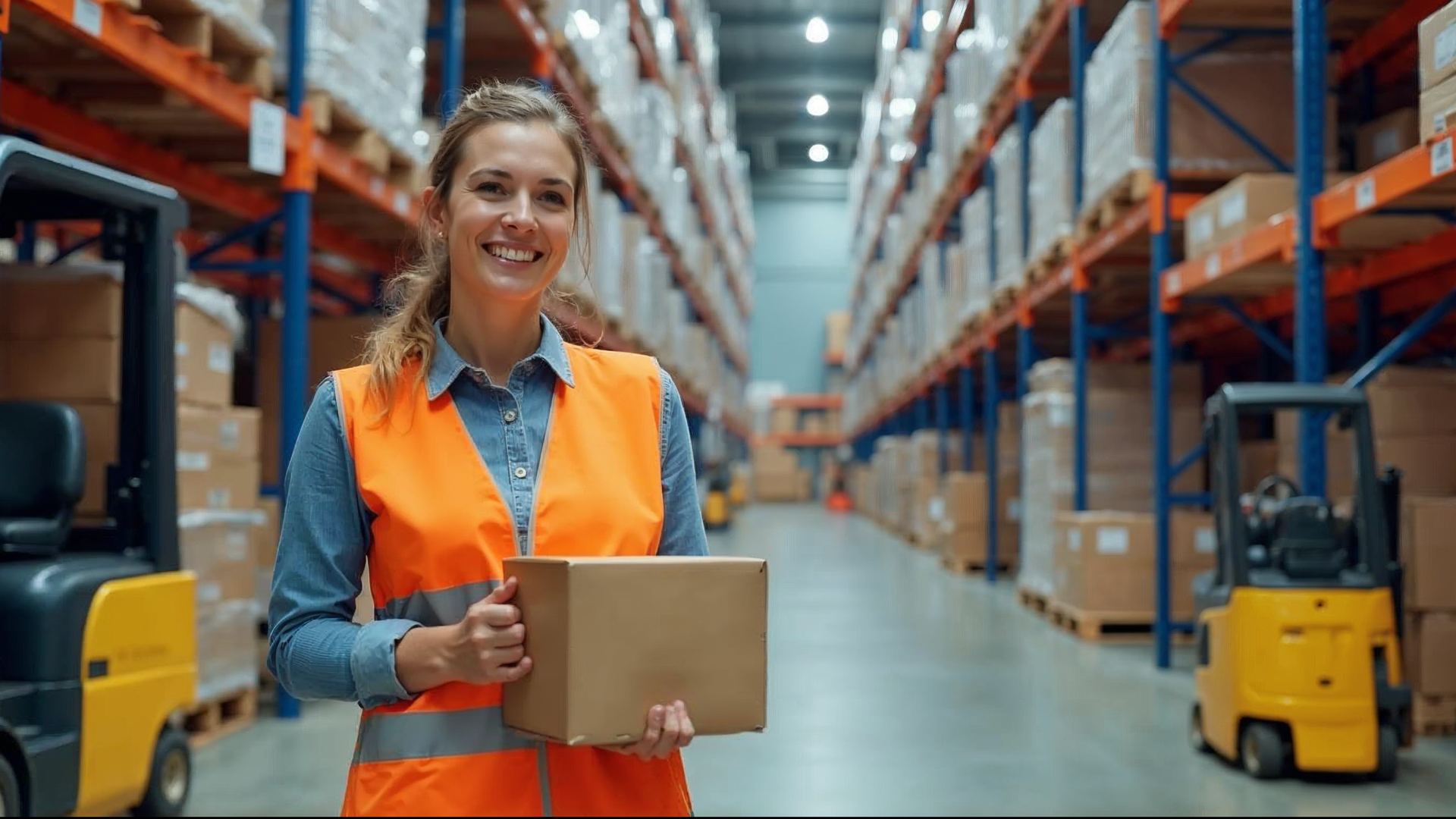 Warehouse worker picking items from shelves for an online order
