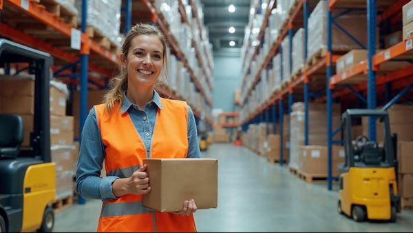 Warehouse worker picking items from shelves for an online order