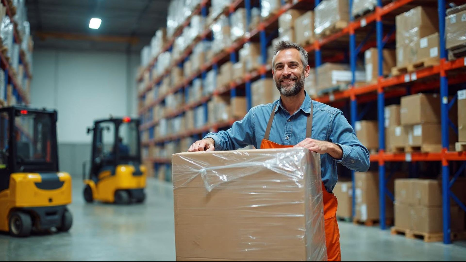 Warehouse worker shrink-wrapping a pallet of boxes