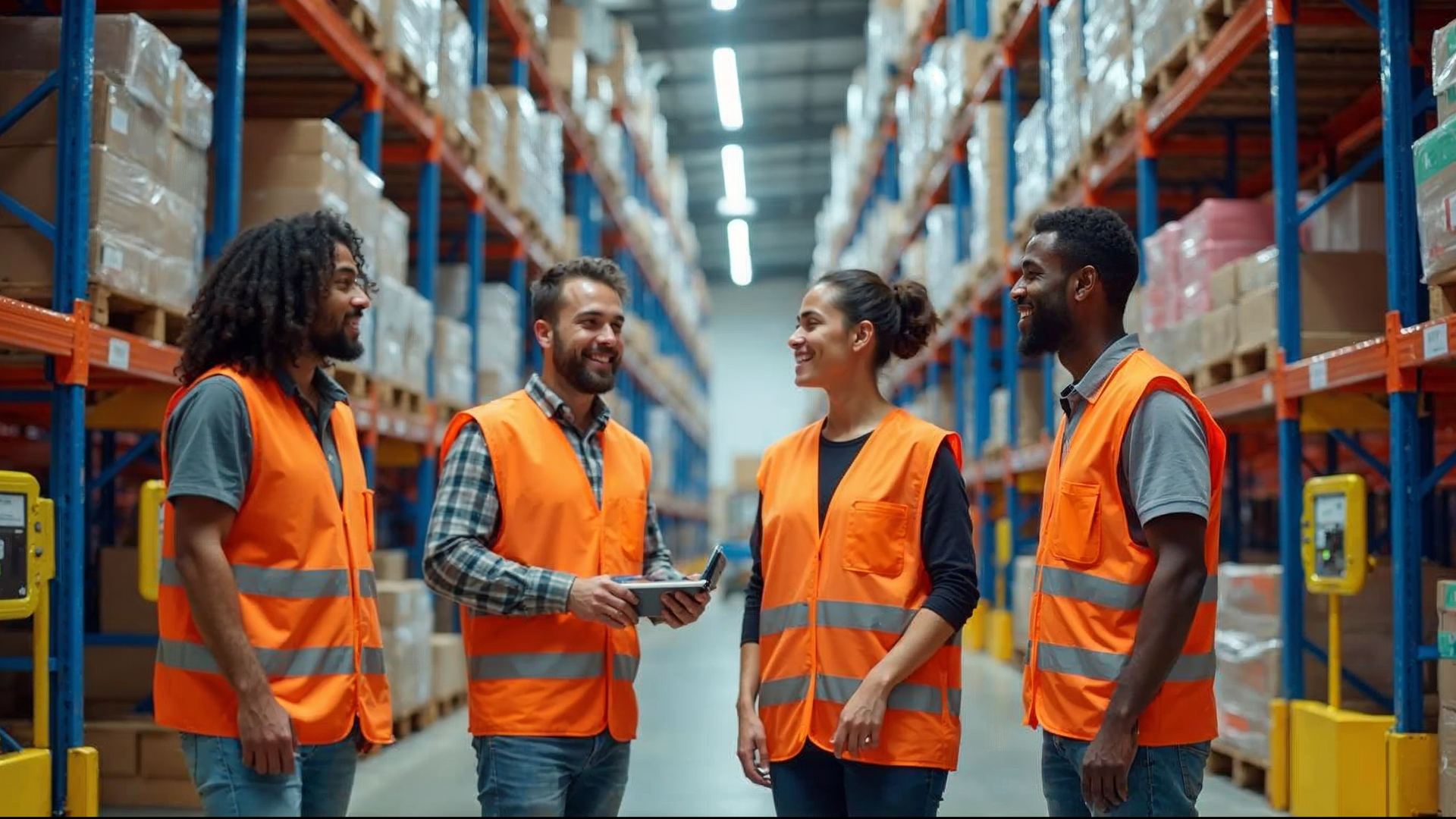 Warehouse team in safety vests holding a morning huddle between racks