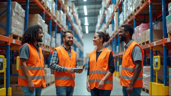 Warehouse team in safety vests holding a morning huddle between racks