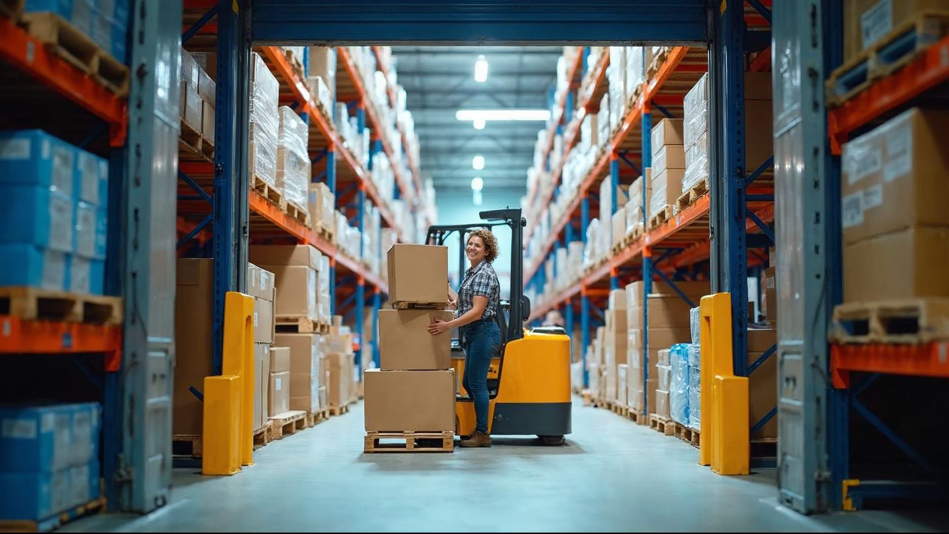 Worker loading boxes into a truck at a loading dock door