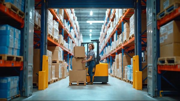 Worker loading boxes into a truck at a loading dock door