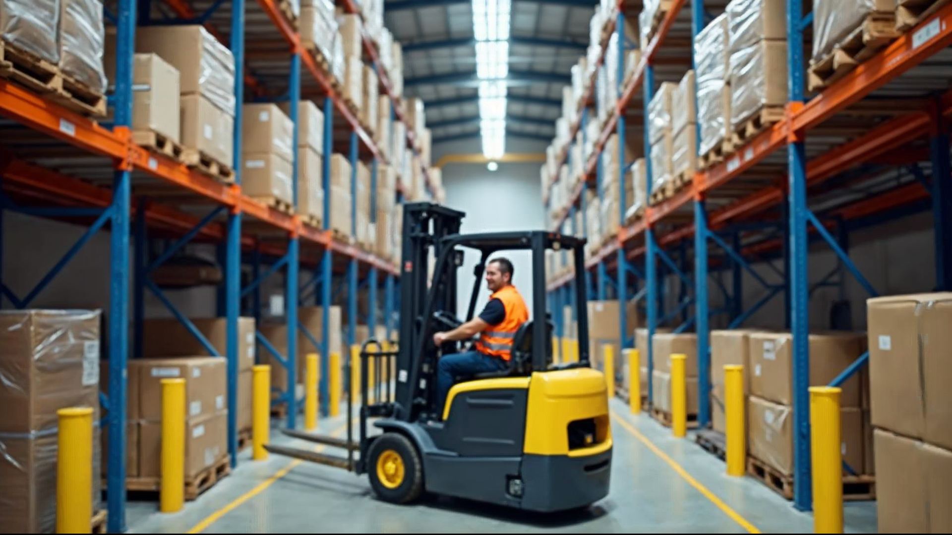 Forklift operator lifting a pallet onto a high rack shelf