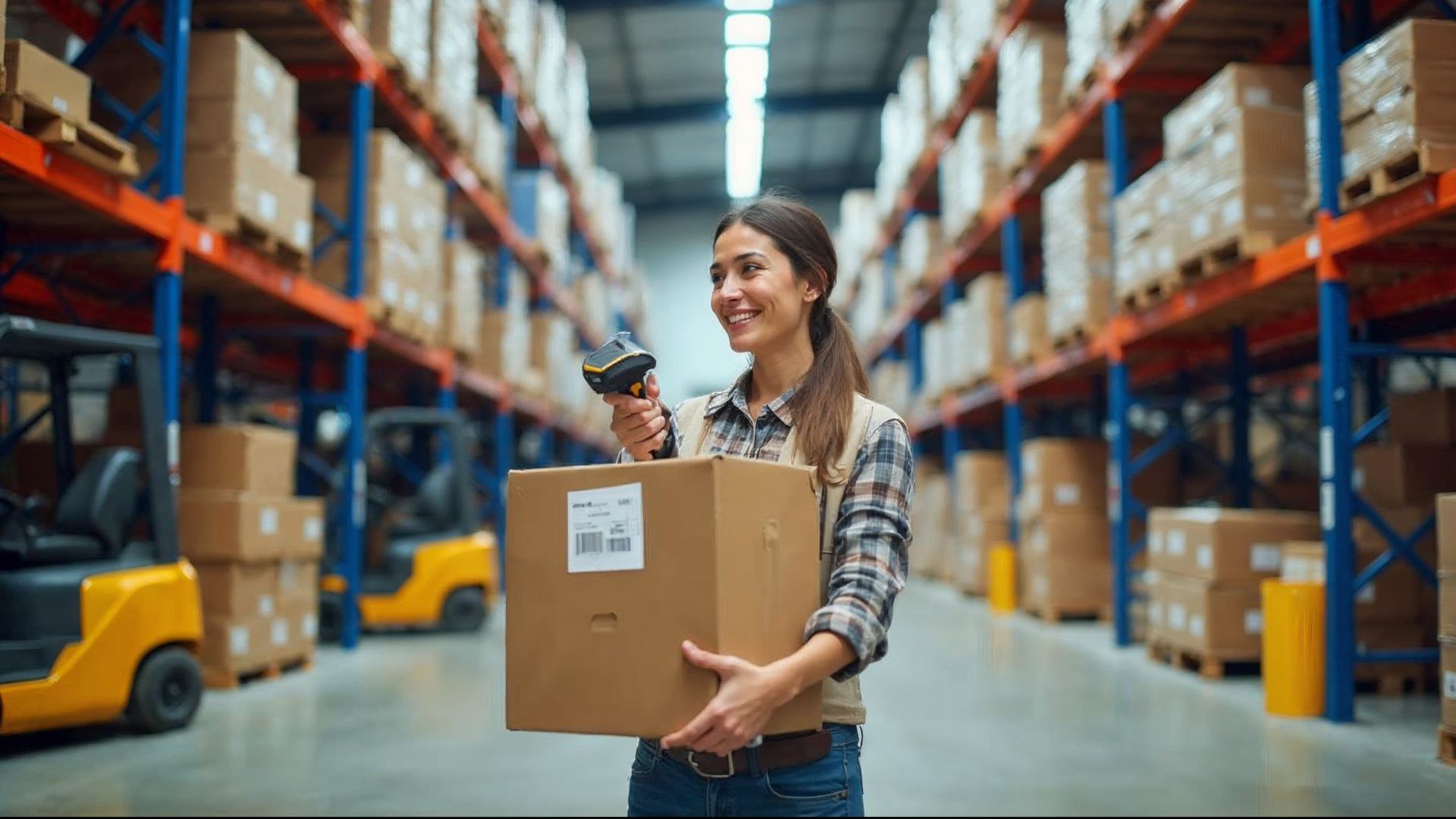 Worker scanning a barcode on a large box