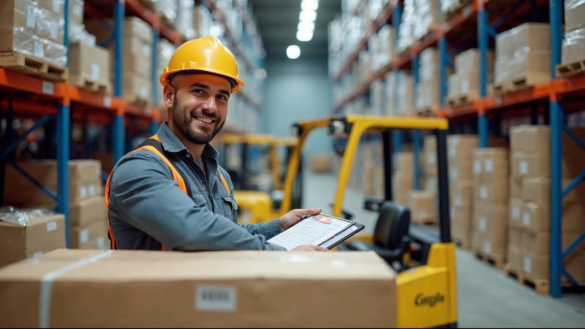 Worker counting boxes on a pallet during inventory