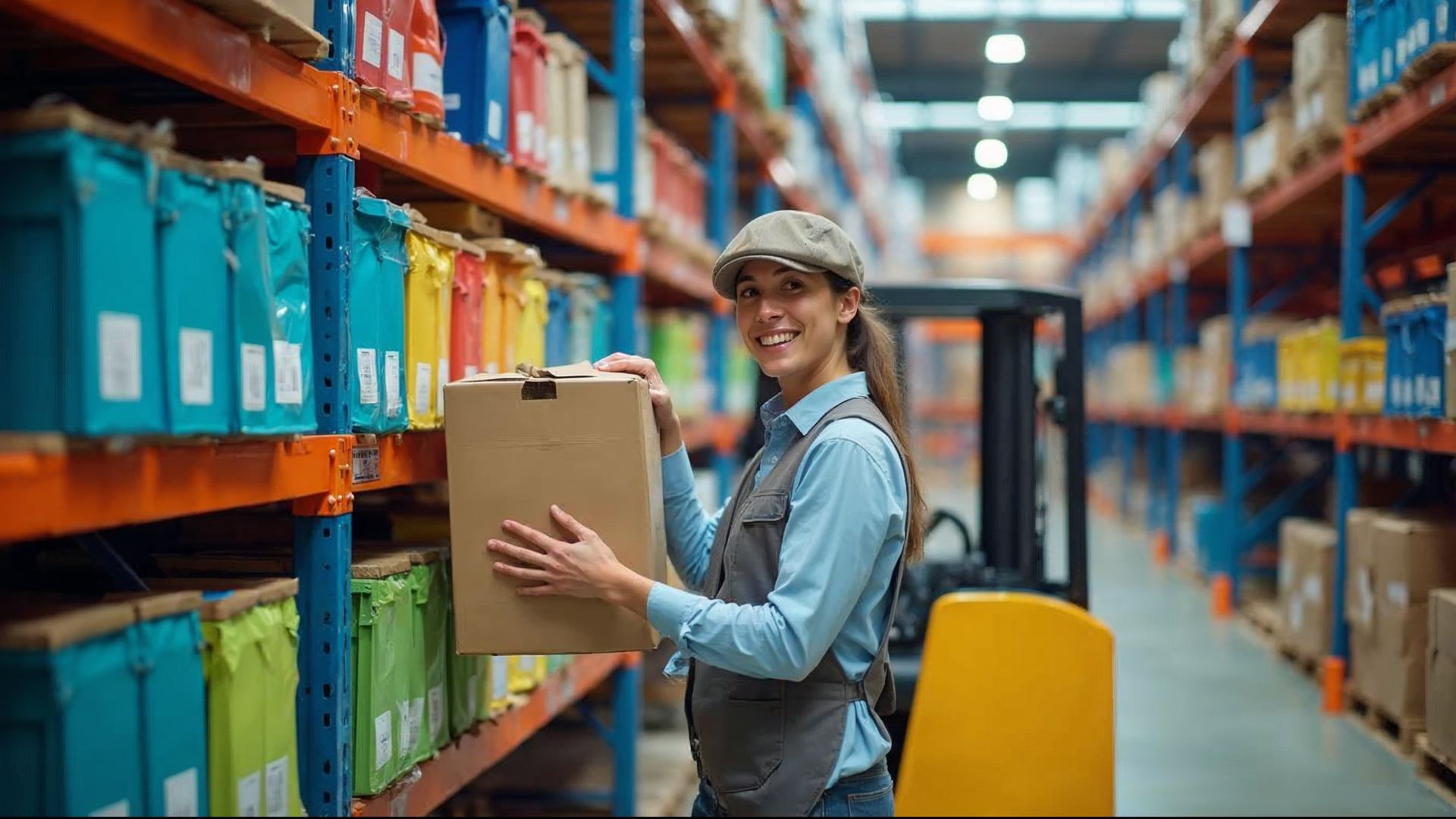 Worker sorting small parcels into colorful bins
