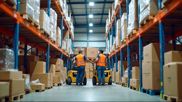 Warehouse team unloading a container of boxes onto pallets