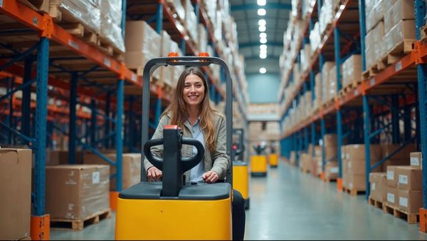 Worker driving an electric order picker between tall racks
