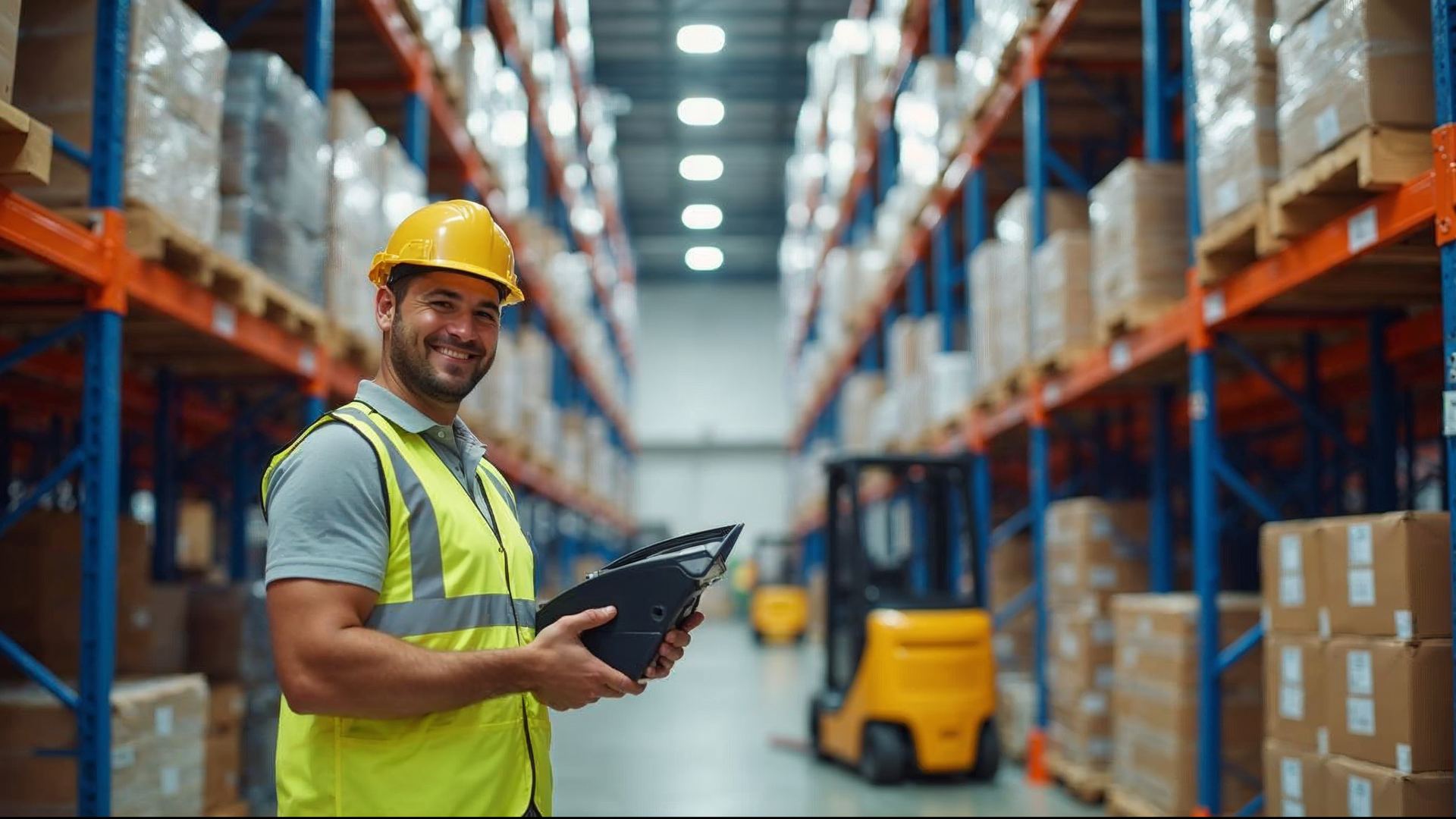 Worker labeling pallets in the shipping area
