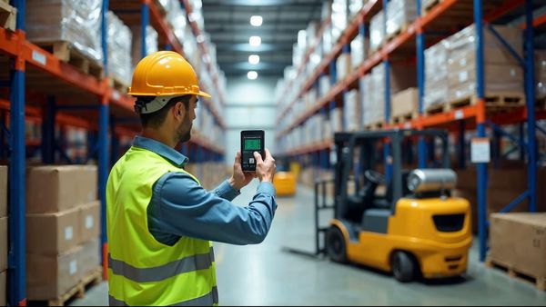 Worker checking temperature beside food-grade pallets