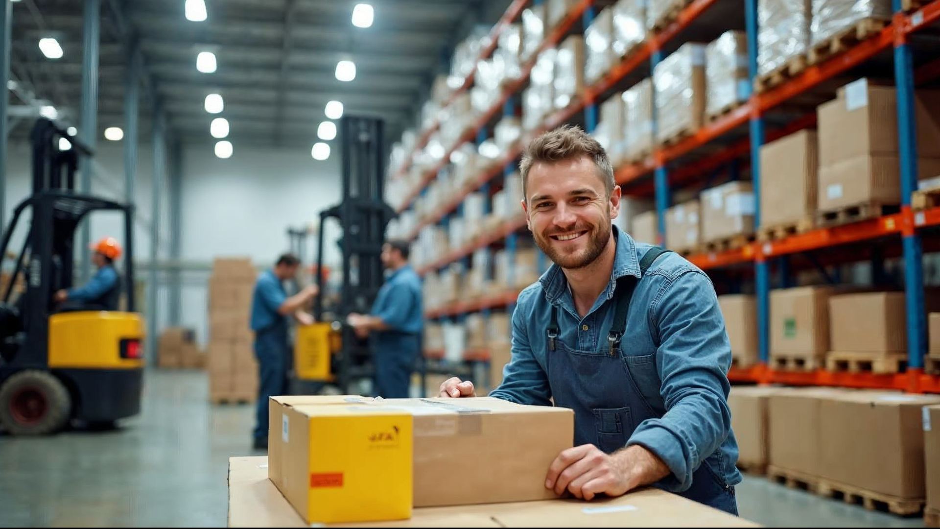 Worker assembling product kits at a warehouse workbench