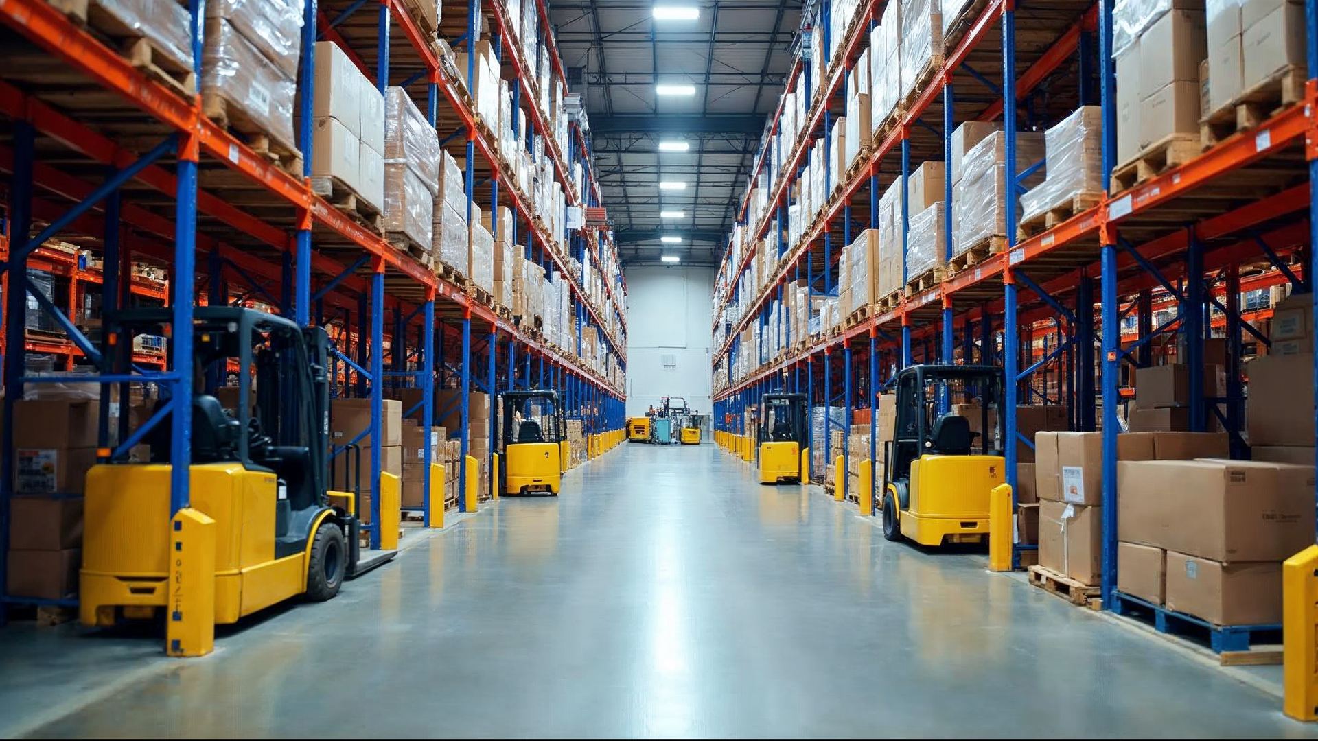 Long warehouse aisle with tall racks full of colorful boxes